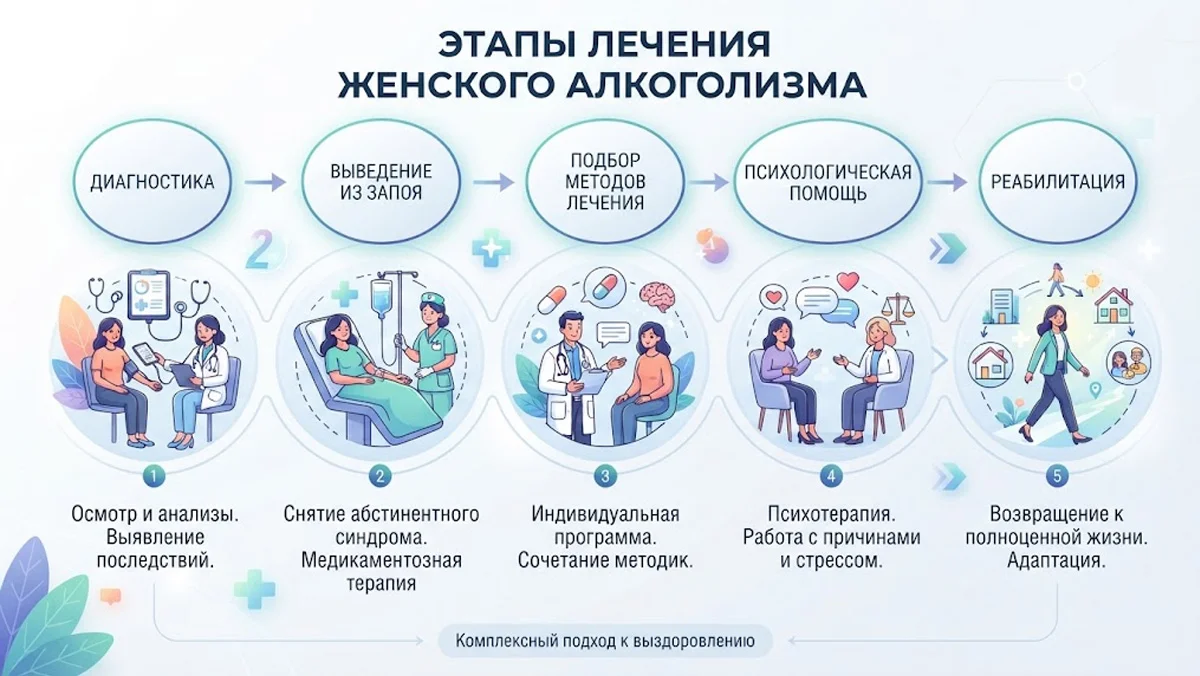 Инфографика «Этапы лечения женского алкоголизма», включающая 5 последовательных шагов: диагностику, выведение из запоя, подбор методов лечения, психологическую помощь и реабилитацию.